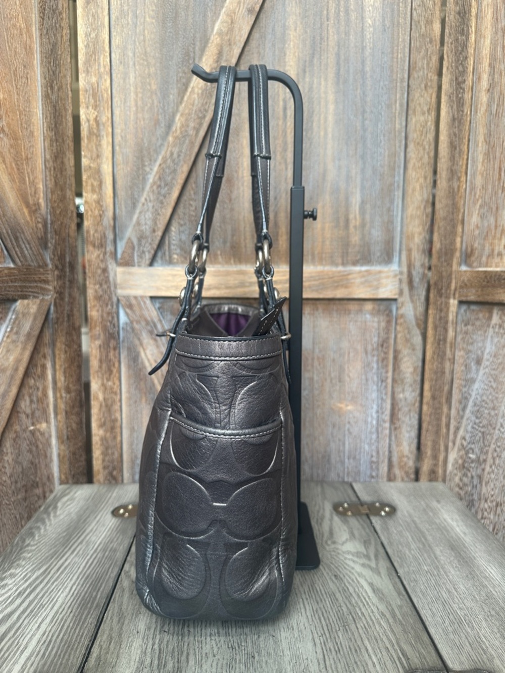 Coach F1049-F15242 Metallic Gray Gunmetal Embossed Leather Satchel Tote Bag - Picture 3 of 16